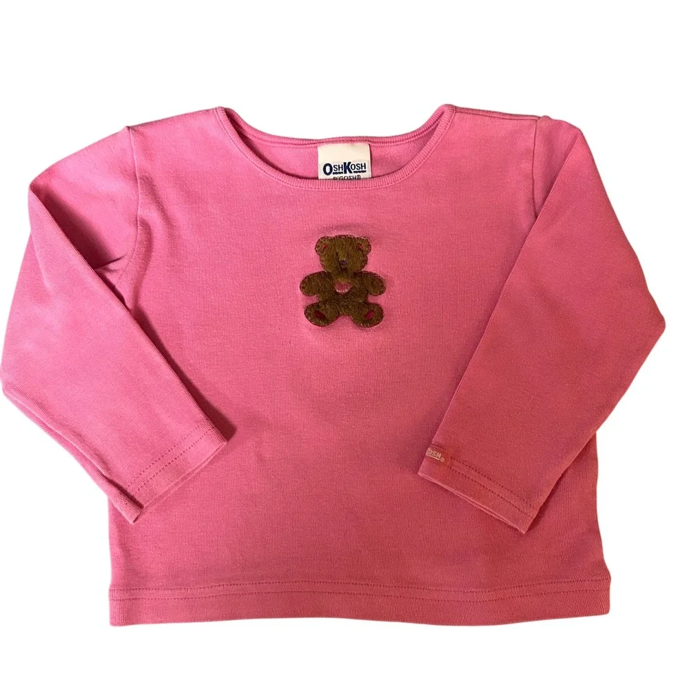 VTG OshKosh Bgosh Pink Long Sleeve Teddy Bear Shirt 24 Mo USA Made Cottagecore